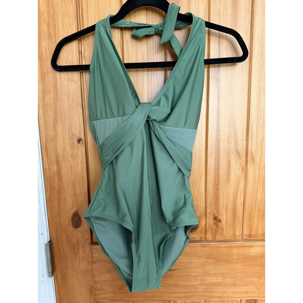 J.Hara New York One Piece Swimsuit Womens Size 8 Green Knot Front Halter Tie Top